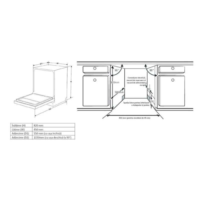 Masina de spalat vase incorporabila Heinner HDW-BIM45710AD+++, 10 seturi, 45 cm, Clasa D, 7 programe, Aquastop