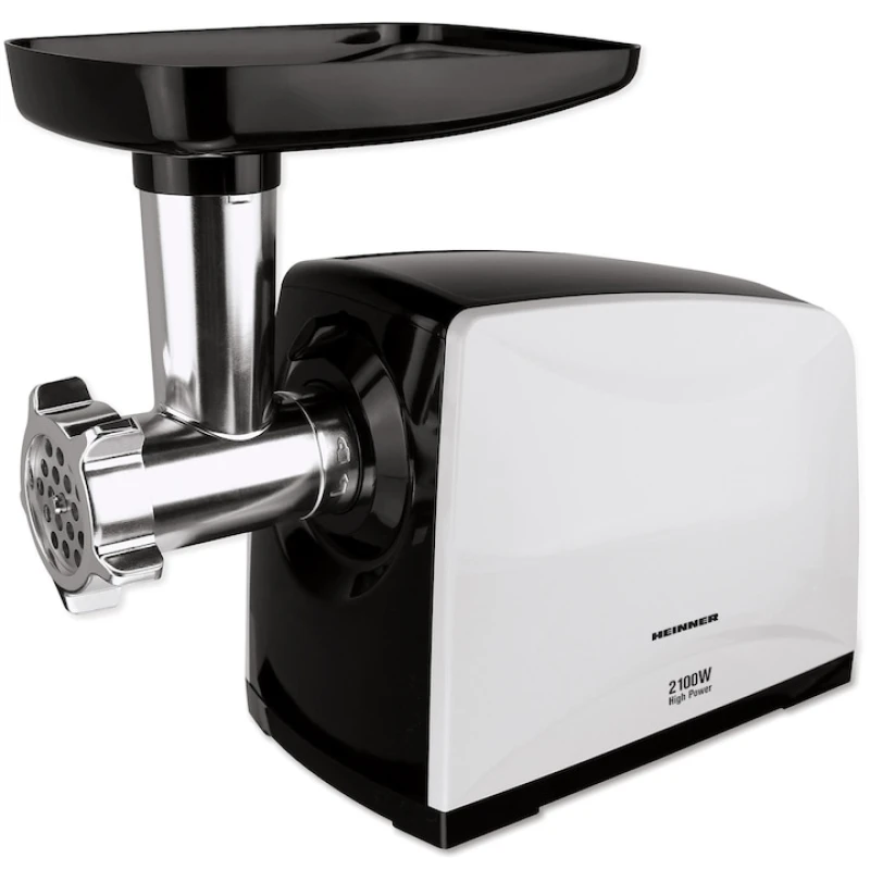 Masina de tocat Heinner MG-2100BKWH, 2100W, 1.8 kg/min, 3 site, functie Reverse, accesoriu rosii, negru/alb