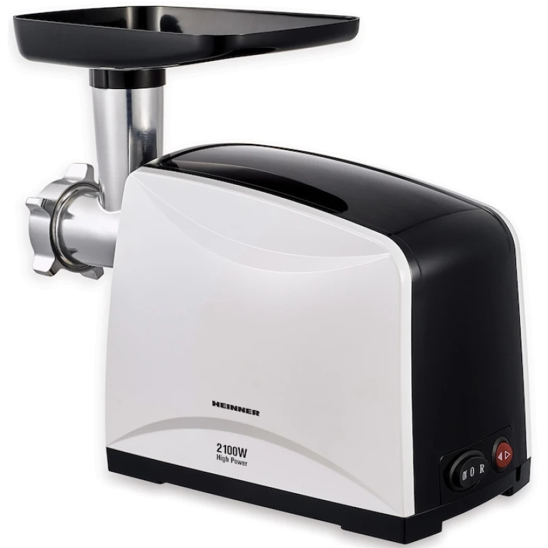 Masina de tocat Heinner MG-2100BKWH, 2100W, 1.8 kg/min, 3 site, functie Reverse, accesoriu rosii, negru/alb