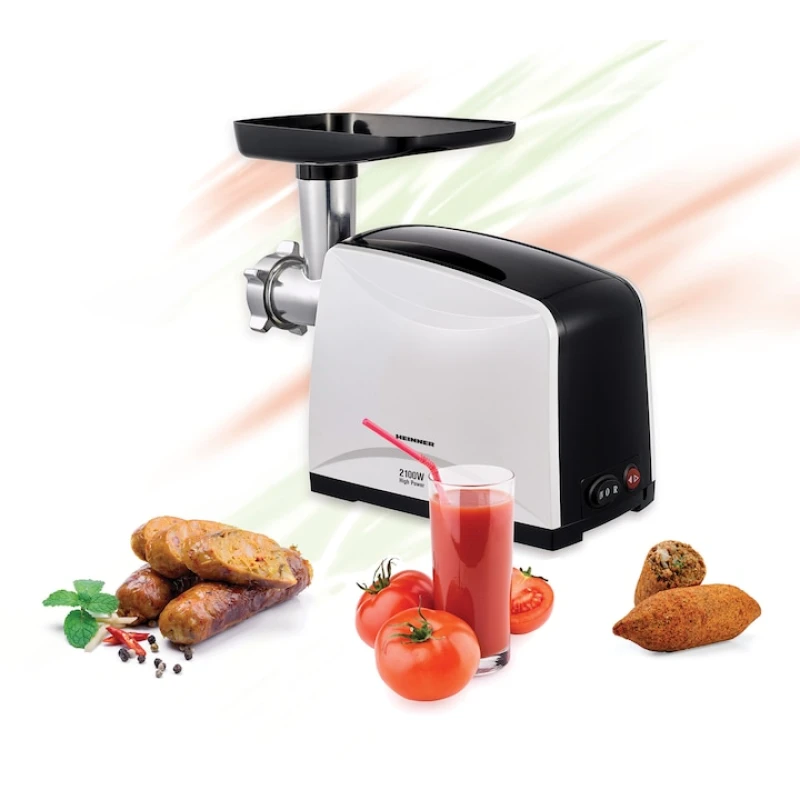 Masina de tocat Heinner MG-2100BKWH, 2100W, 1.8 kg/min, 3 site, functie Reverse, accesoriu rosii, negru/alb
