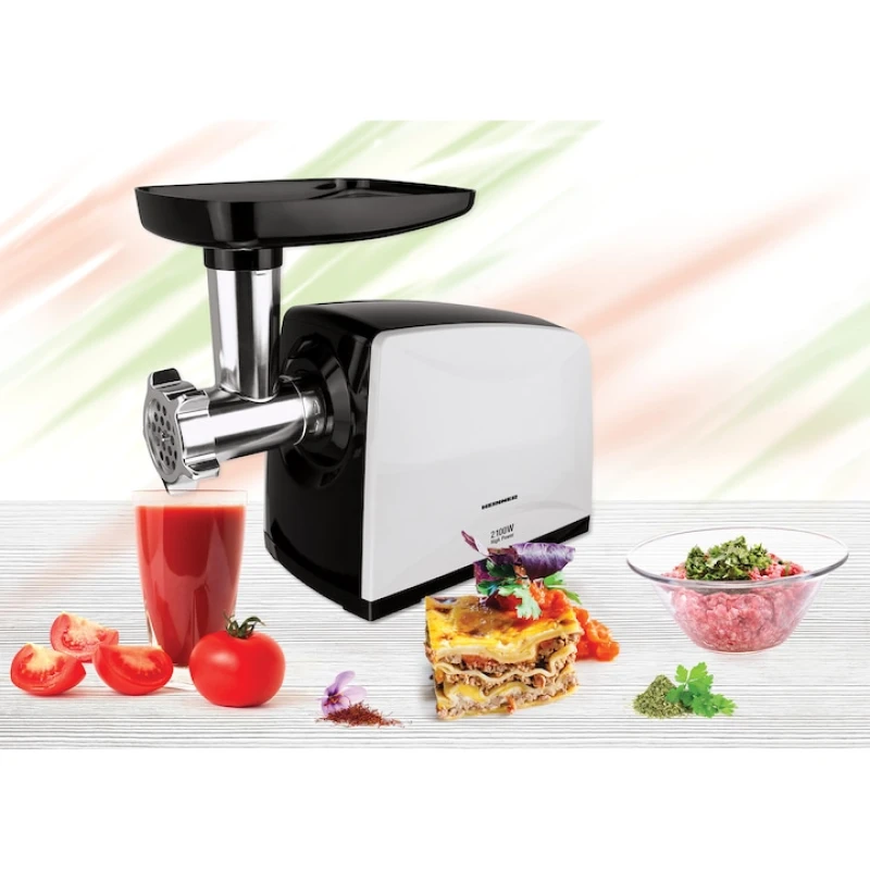 Masina de tocat Heinner MG-2100BKWH, 2100W, 1.8 kg/min, 3 site, functie Reverse, accesoriu rosii, negru/alb