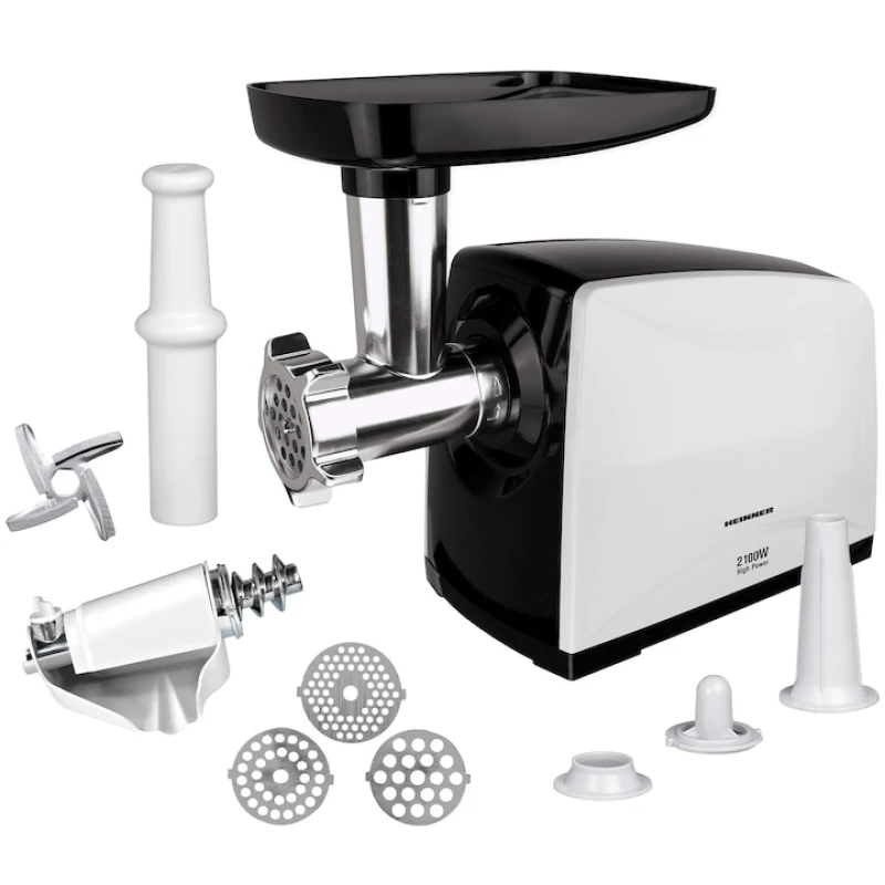 Masina de tocat Heinner MG-2100BKWH, 2100W, 1.8 kg/min, 3 site, functie Reverse, accesoriu rosii, negru/alb