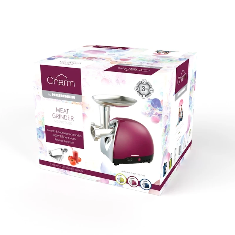 Masina de tocat Heinner MG1500TA-BG, 1600W, 2 kg/min, functie reverse, accesorii rosii, carnati si kibbe