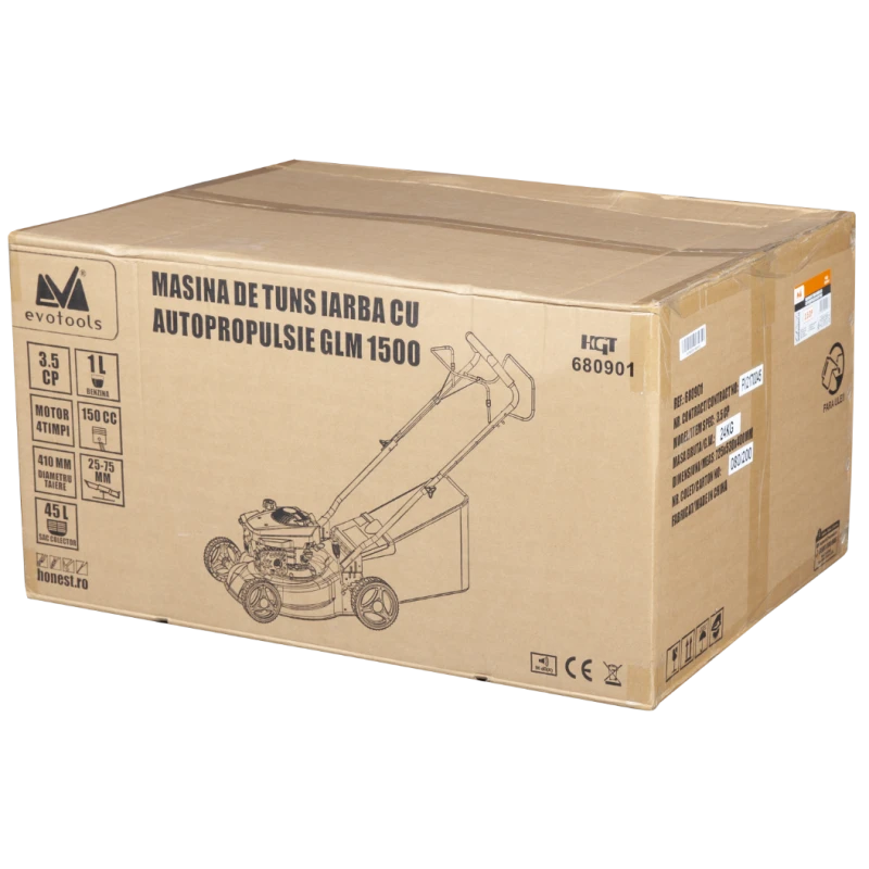 Masina de tuns iarba cu autopropulsie EvoTools GLM1500 680901, 3.5 CP, 150 cm3, latime taiere 41 cm, sac 45L