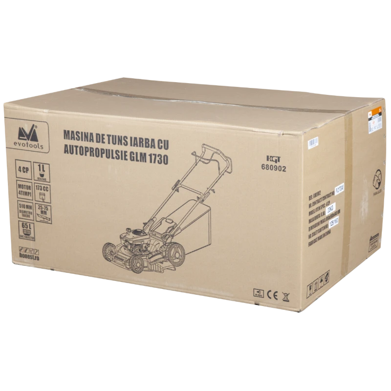Masina de tuns iarba cu autopropulsie si mulcire EvoTools GLM1730 681598, 4 CP, 173 cm3, latime taiere 51 cm, sac 65L, verde