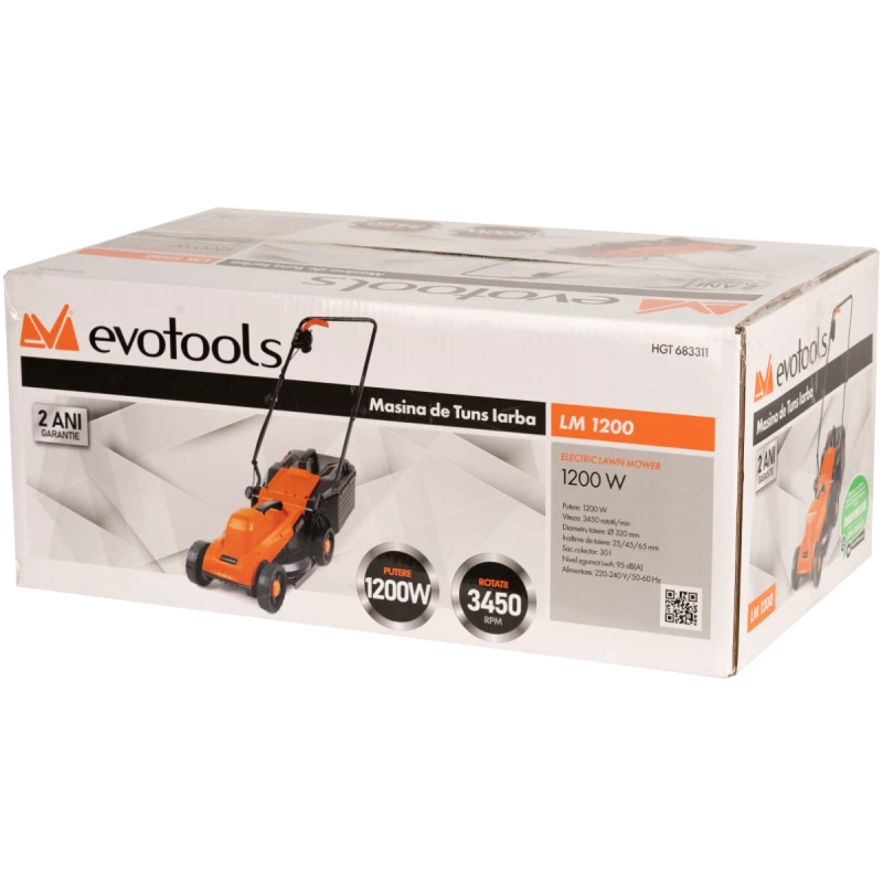 Masina de tuns iarba electrica EvoTools LM1200B 683311, 1200W, latime taiere 32 cm, sac 30L, 3 trepte