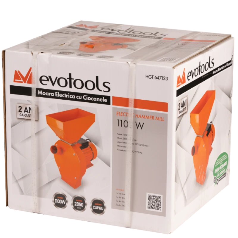 Moara electrica cu ciocanele EvoTools 647123, 1100W, 180 kg/h, 2850 rpm, 4 site, 20 cutite, bobinaj cupru