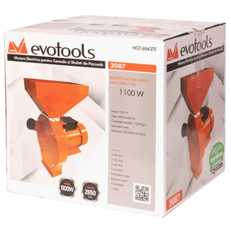 Moara electrica pentru cereale si stuleti de porumb EvoTools 684375, 1100W, 240 kg/h, 2850 rpm, 3 site