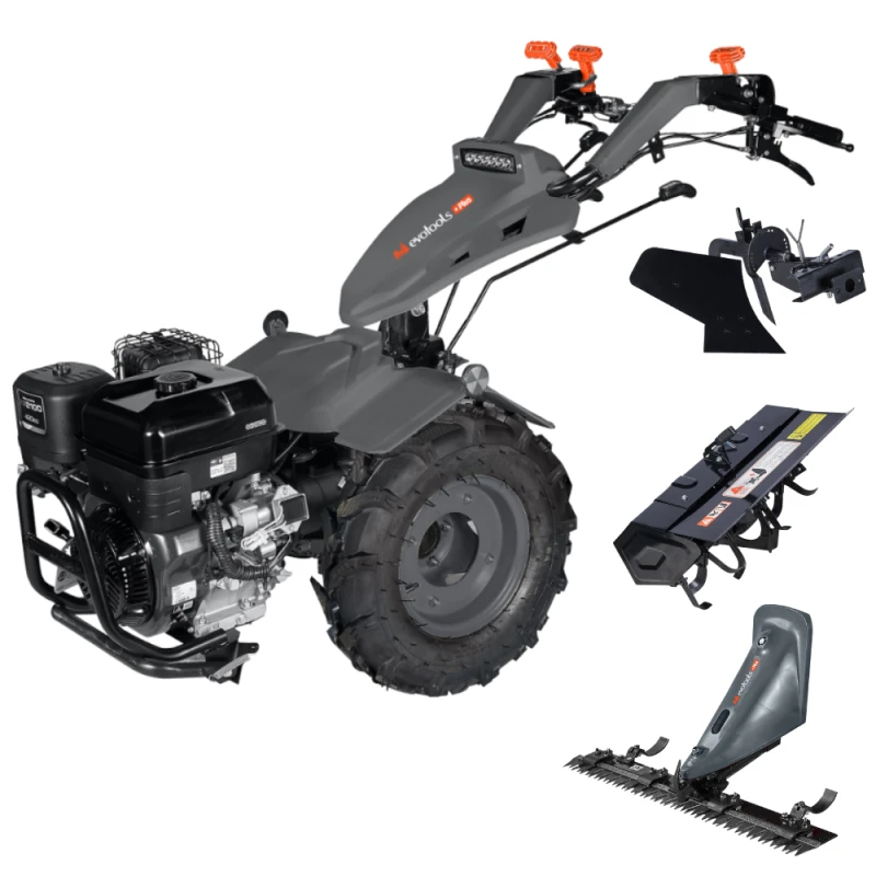 Motocultivator Evotools PLUS, Loncin MT760, Pornire Electrica, 13CP, pe benzina, 4 timpi racit cu aer, diferential blocabil, plug, freza, cositoare