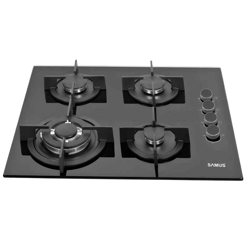 Plita pe gaz incorporabila Samus PSG-64SG6, 4 arzatoare, putere 8 kW, aprindere electrica, dispozitiv siguranta arzatoare, suport din sticla, gratar font