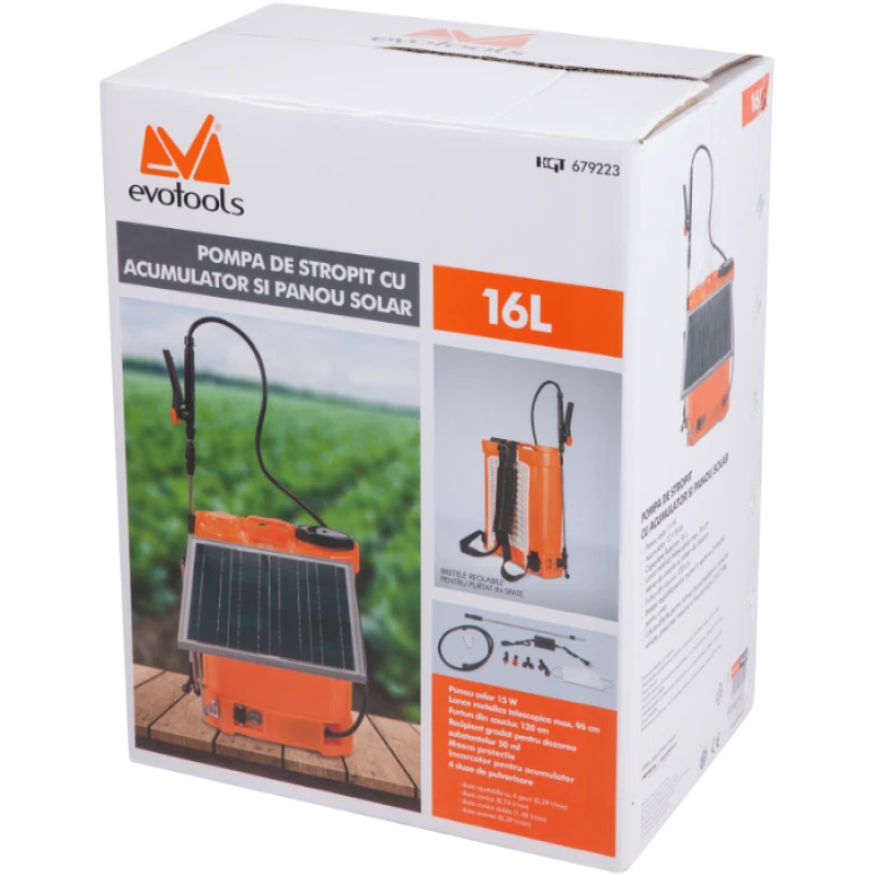 Pompa de stropit cu acumulator si panou solar EvoTools 679223, 16L, 12V 8Ah, panou solar 15W, 4 duze