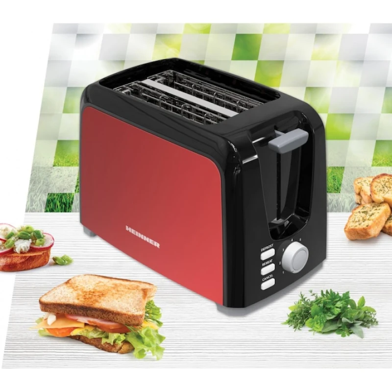 Prajitor de paine Heinner HTP-700BKRD, 750W, 2 felii, 7 niveluri rumenire, decongelare, reincalzire, negru/rosu