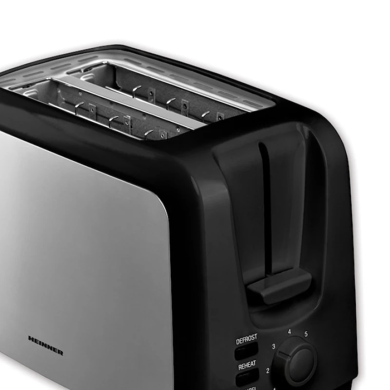 Prajitor de paine Heinner HTP-700BKSS, 750W, 2 felii, 7 niveluri rumenire, decongelare, reincalzire, negru/inox