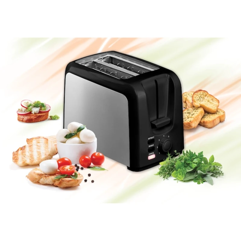 Prajitor de paine Heinner HTP-700BKSS, 750W, 2 felii, 7 niveluri rumenire, decongelare, reincalzire, negru/inox