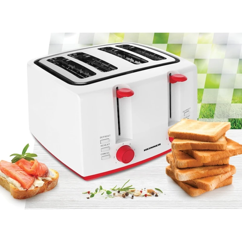 Prajitor de paine Heinner Panfette 1300 HTP-1300WHR, 1300W, 4 felii, 7 niveluri rumenire, alb/rosu