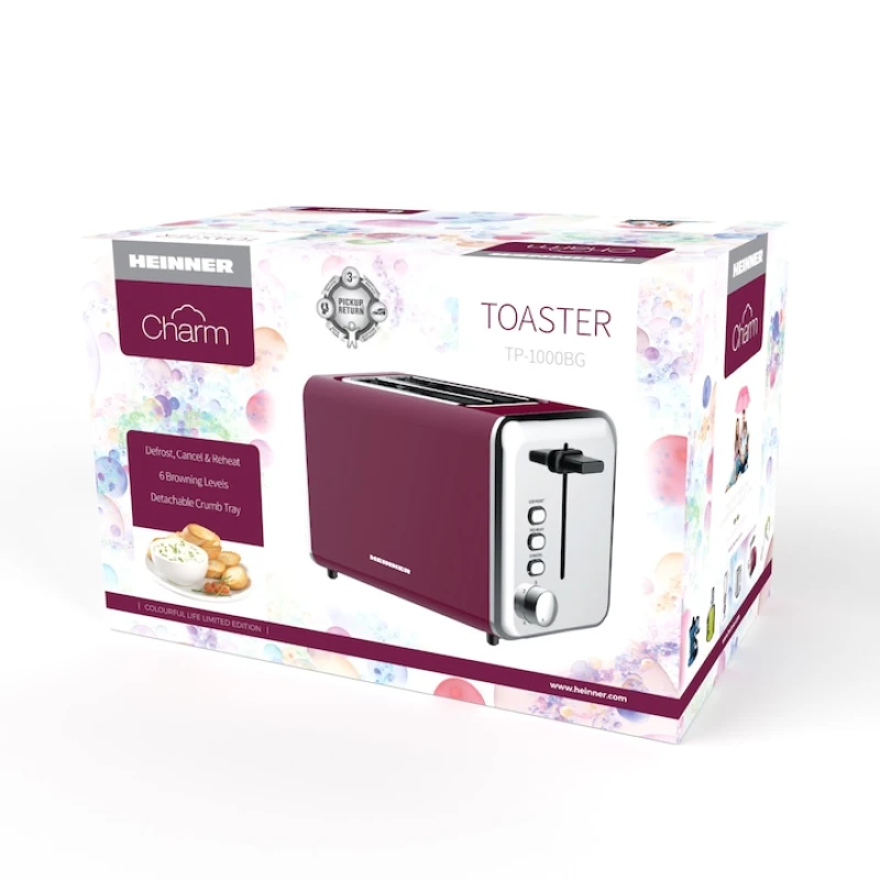 Prajitor de paine Heinner TP-1000BG, 850W, 2 felii, 7 niveluri rumenire, decongelare, reincalzire, visiniu