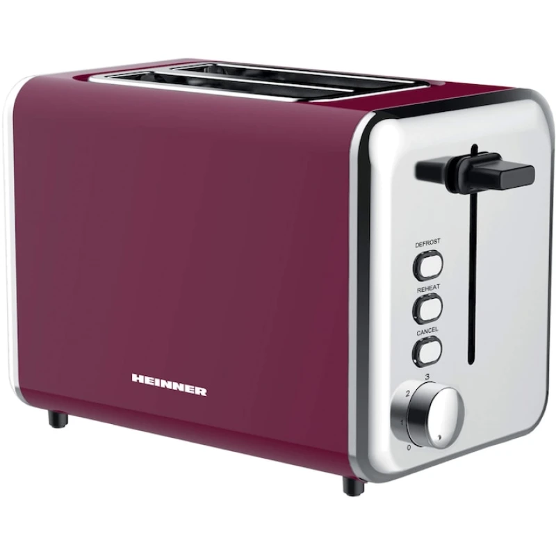 Prajitor de paine Heinner TP-1000BG, 850W, 2 felii, 7 niveluri rumenire, decongelare, reincalzire, visiniu