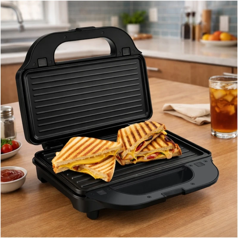 Sandwich maker Heinner SM-2H900BKS, 900W, 2 sandwich-uri, placi detasabile grill si waffle, negru/rosu sidef