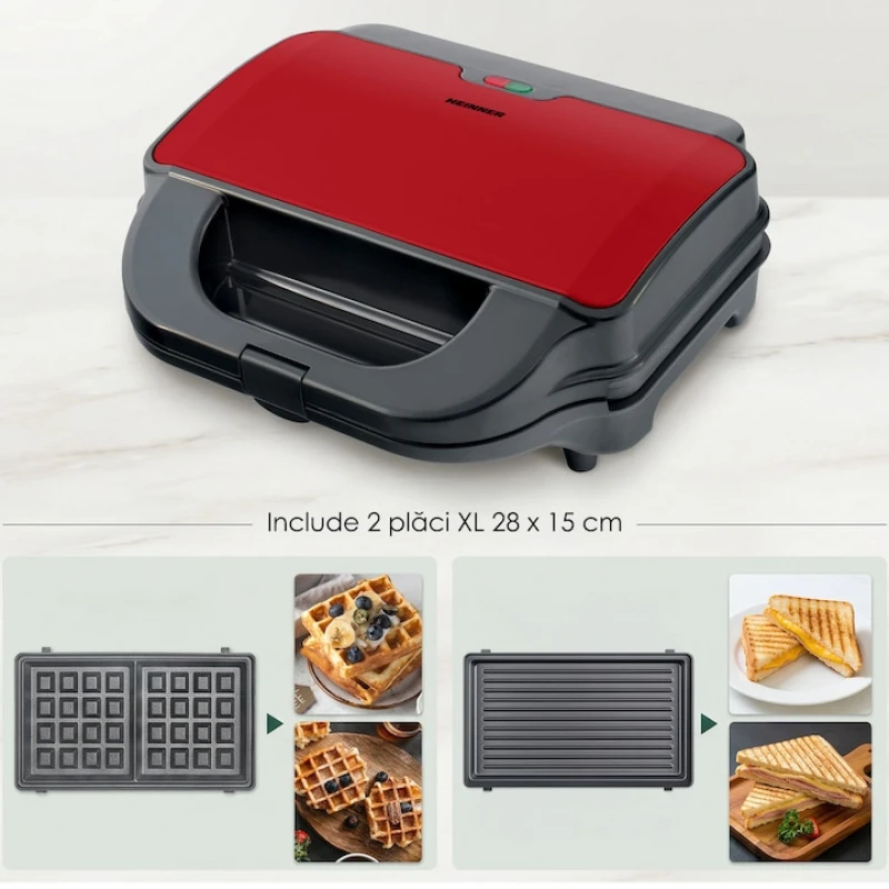 Sandwich maker Heinner SM-2H900BKS, 900W, 2 sandwich-uri, placi detasabile grill si waffle, negru/rosu sidef