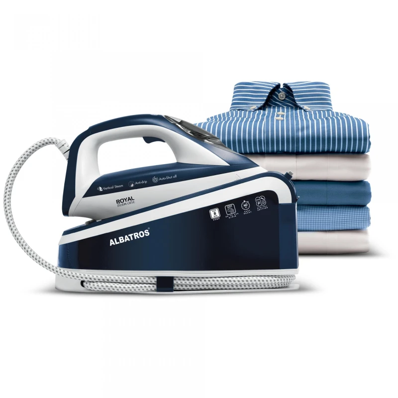 Statie de calcat Albatros Royal Steam Care, 3000 W, 1.5 litri, 140 g/min, talpa ceramica, jet de abur, presiune 8 bari, reglaj automat al temperaturii, oprire automata, auto-curatare, mod Eco, albastru
