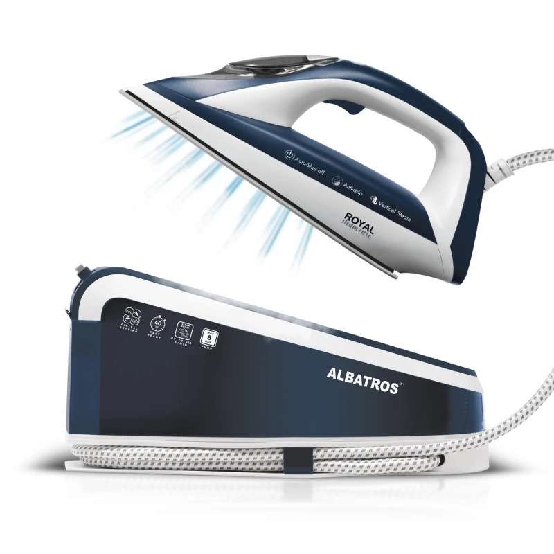 Statie de calcat Albatros Royal Steam Care, 3000 W, 1.5 litri, 140 g/min, talpa ceramica, jet de abur, presiune 8 bari, reglaj automat al temperaturii, oprire automata, auto-curatare, mod Eco, albastru