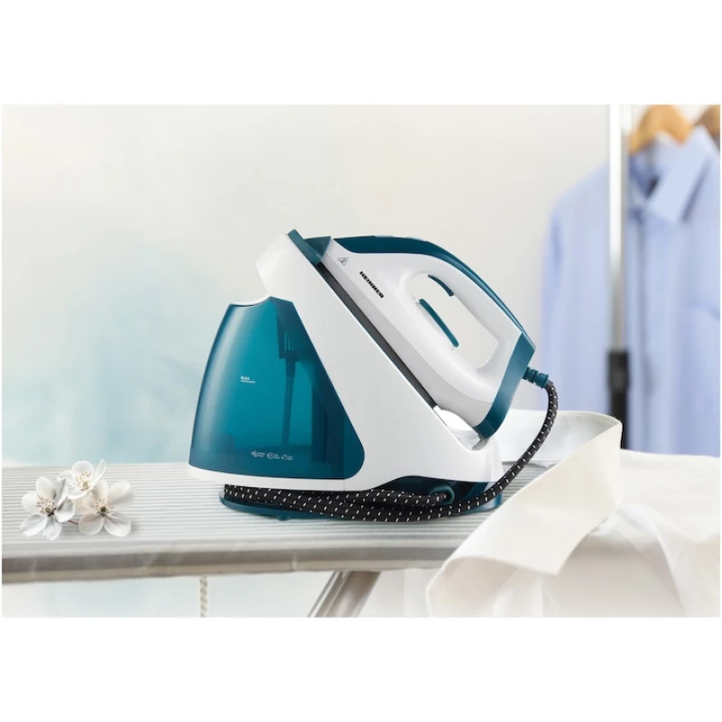 Statie de calcat Heinner IdeaSteam HIS-D2005WB, 2200W, 5 bar, rezervor 1.2L, talpa antiaderenta, alb/albastru