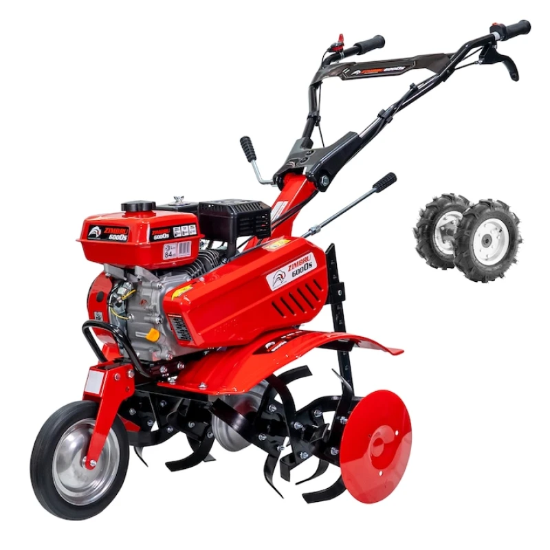 Motosapa pe benzina Ruris Zimbru 6000SR, putere 7 CP, 208 CC, 4 timpi, 2 + 1 viteze, latime lucru 560 - 830 mm, adancime lucru 150 - 290 mm, contine: freze + roti cauciuc + roata transport frontala