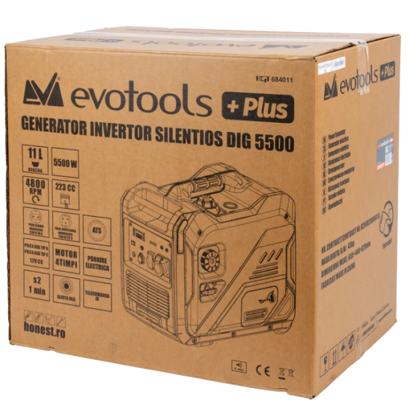 Generator Invertor Silentios DIG5500 EvoTools +Plus, 5500 W, 230 V, Pornire Electrica, Telecomanda, USB Type-A si Type-C