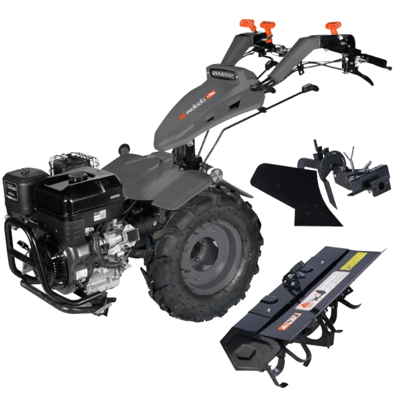 Motocultivator Evotools PLUS, Loncin MT760, Pornire Electrica, 13CP, pe benzina, 4 timpi racit cu aer, diferential blocabil, plug, freza